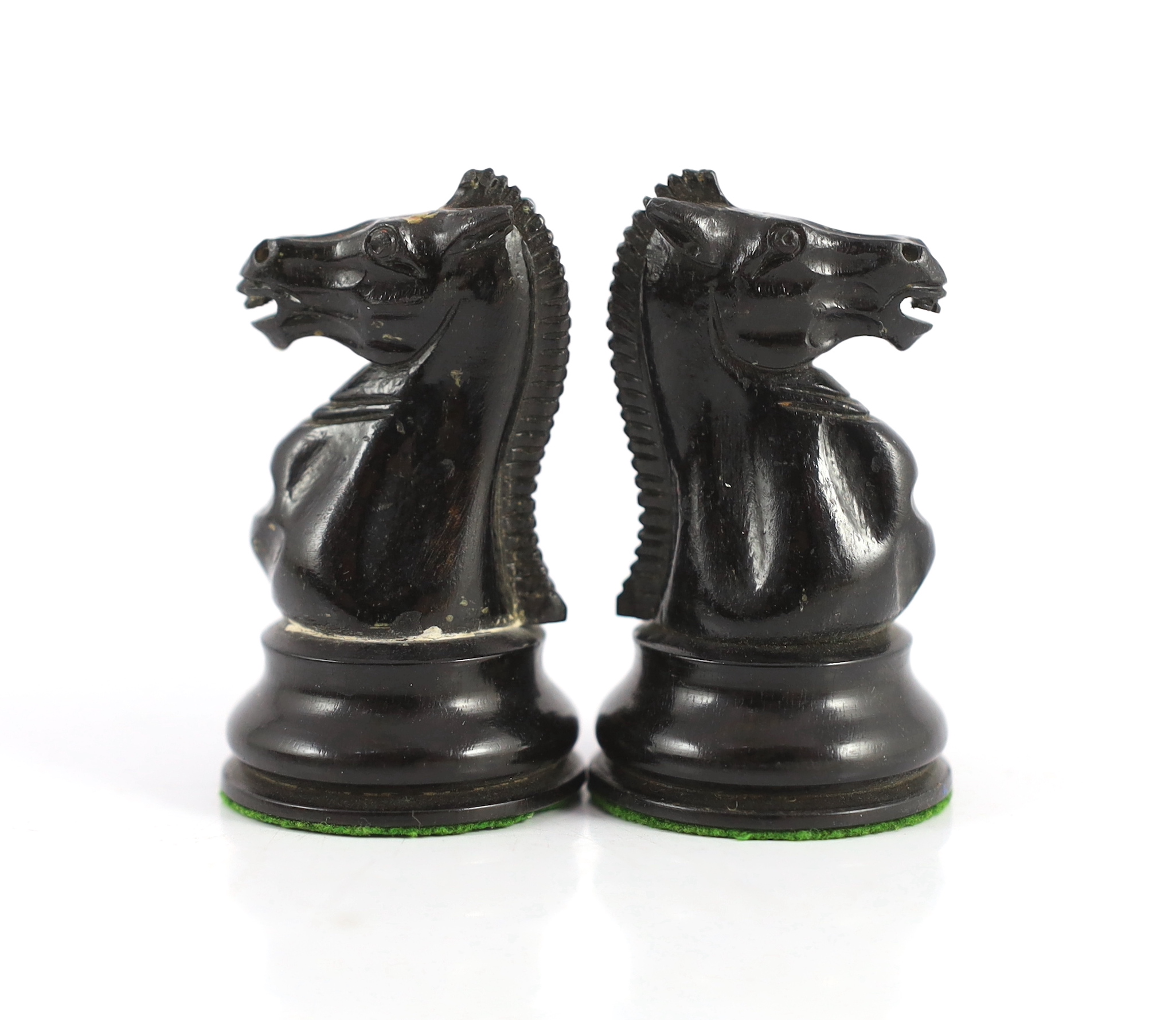 A Jacques ebony and boxwood Staunton pattern chess set, 44 x 39cm when open